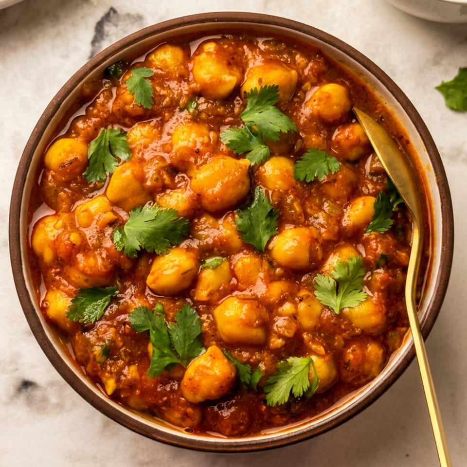 A bowl of chana masala, a chickpea curry, garnished with fresh cilantro on a marble surface.