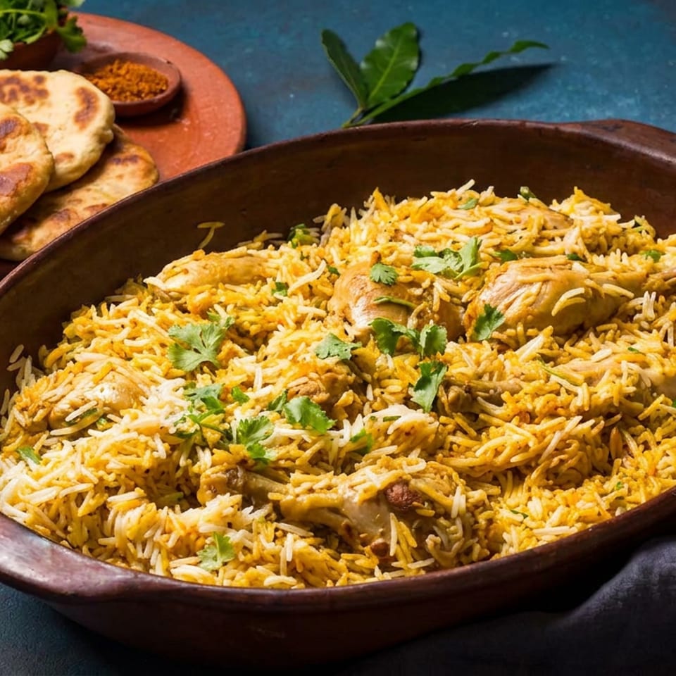 Chicken biryani in a clay dish with naan bread, cilantro, and spices on a blue table.