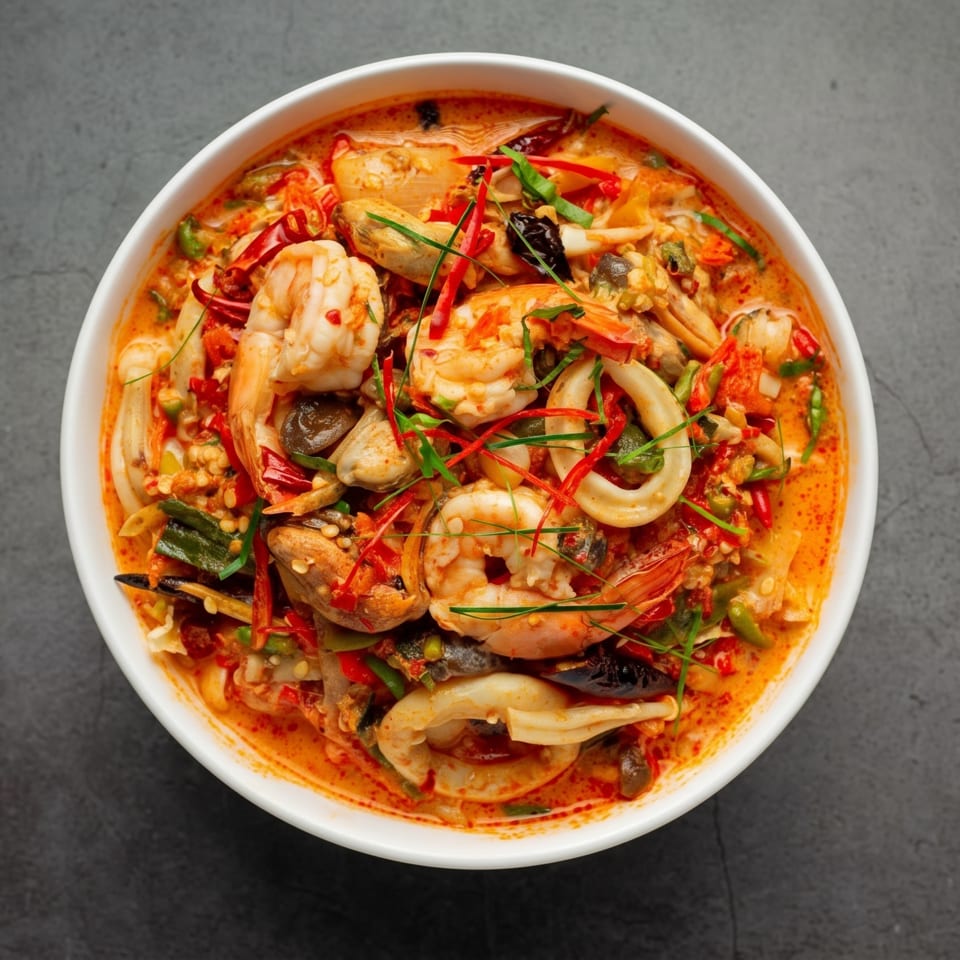 Bowl of spicy red seafood curry with shrimp, mussels, squid, mushrooms, chilies, and herbs.