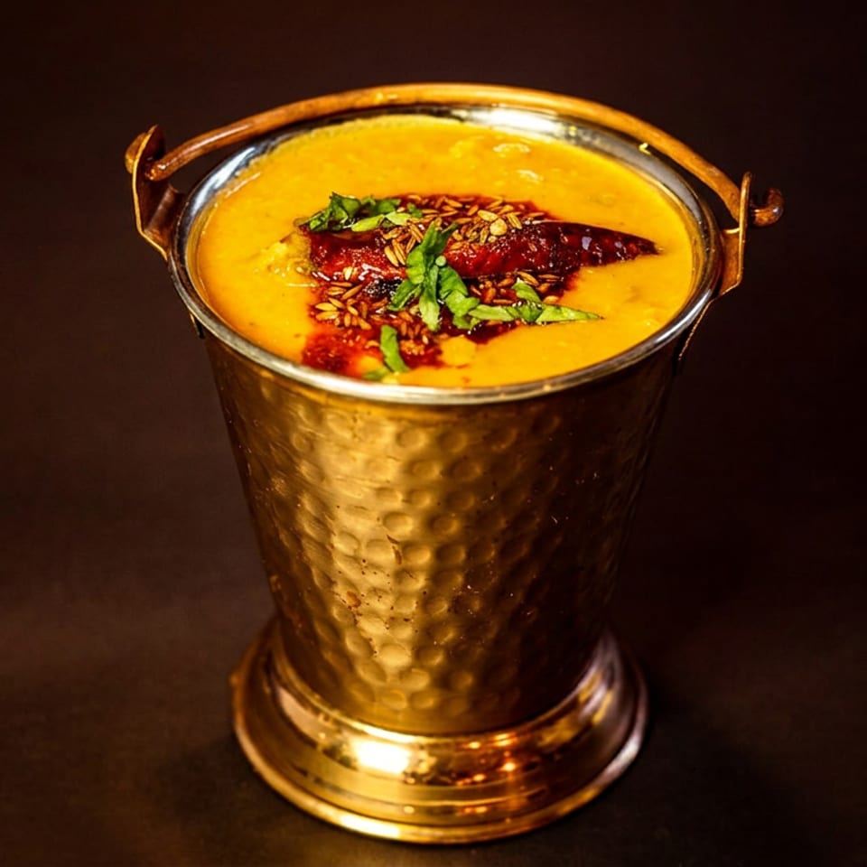 Golden dal in a hammered brass bucket, garnished with herbs, spices, and red chili.