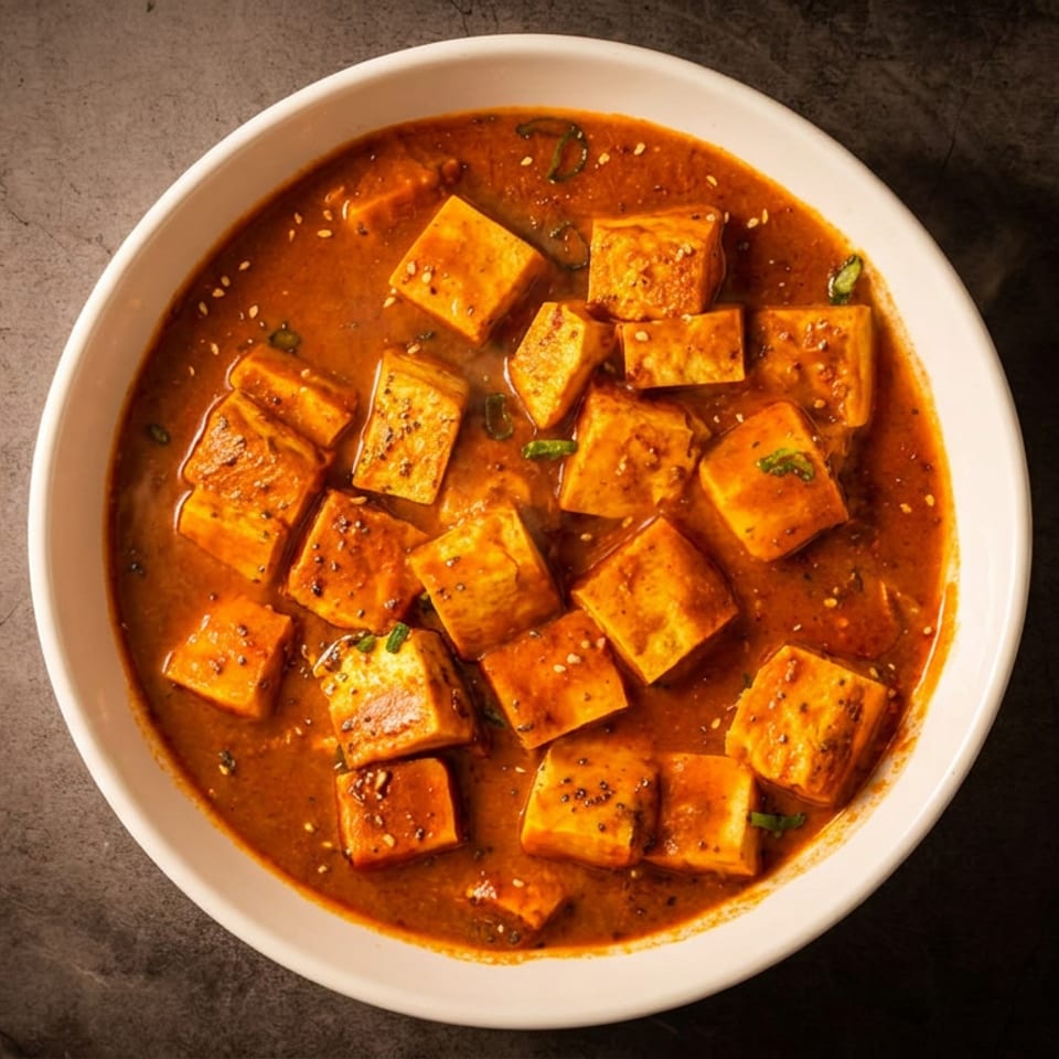 Overhead view of paneer cubes in a rich, orange-red curry sauce, garnished with herbs and sesame seeds.