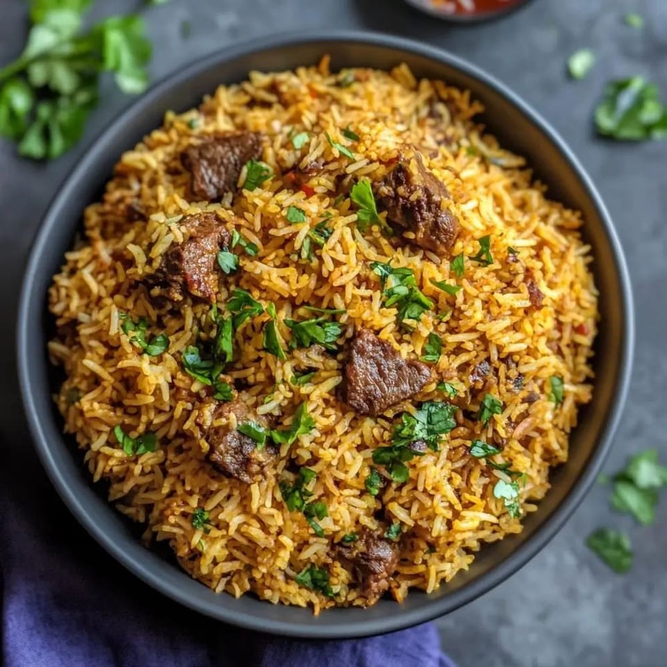 Spiced rice pilaf topped with browned chunks of meat and fresh chopped herbs in a black bowl.