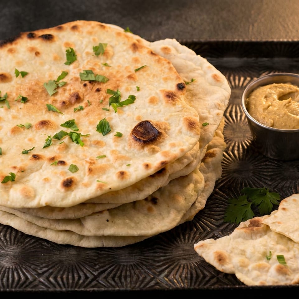 Stack of naan bread with cilantro, hummus, and garlic butter on a decorative metal tray.