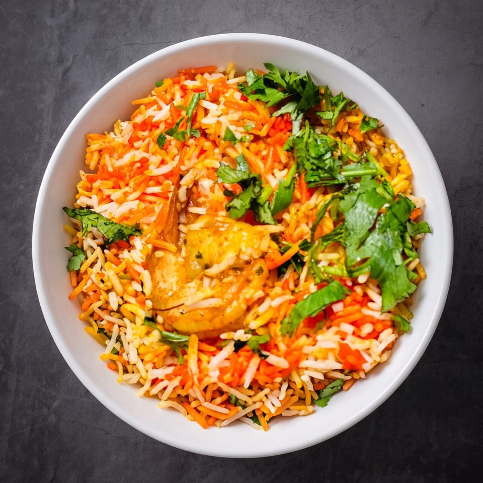 A bowl of colorful spiced rice topped with chicken pieces and fresh cilantro on a dark stone surface.